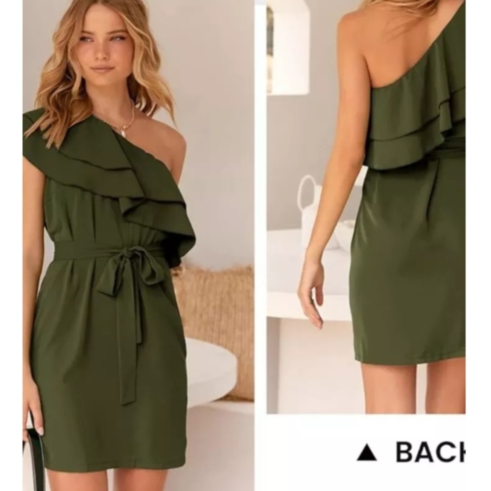 Mascomoda One Shoulder Dress W/Belt  New Army Green NWT Adorable!  Size Medium